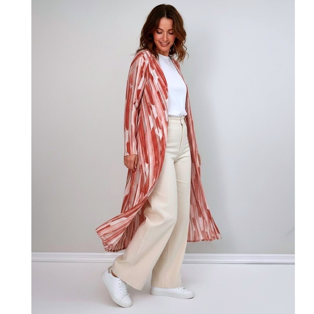 CHICO'S TRAVELERS Pleated Open Front Duster 16/18 Artsy Print Coral Art to Wear